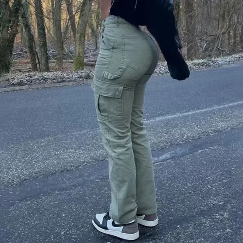 Jeans solidi elastici alti a vita alta da donna 2023 Nuovi jeans autunnali Abbigliamento da lavoro da donna con pantaloni a gamba dritta in denim tascabile Pantaloni cargo