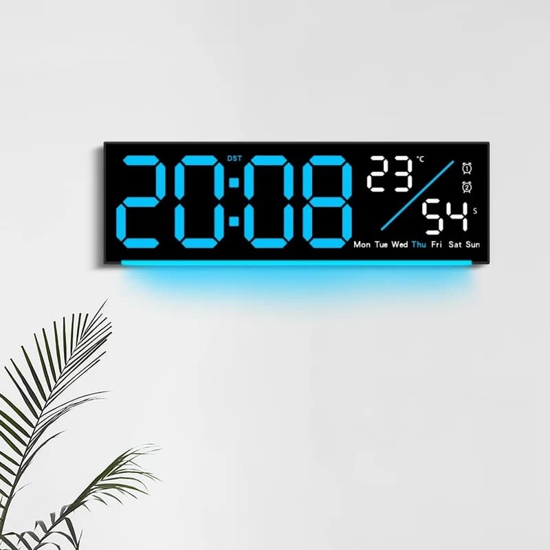 Large Digital Wall Clock with Atmosphere Light, Temperature, Date, Week, 2 Widths, Automatic Darkening, Rovescia Count, Table Clock 12/24H DST LED