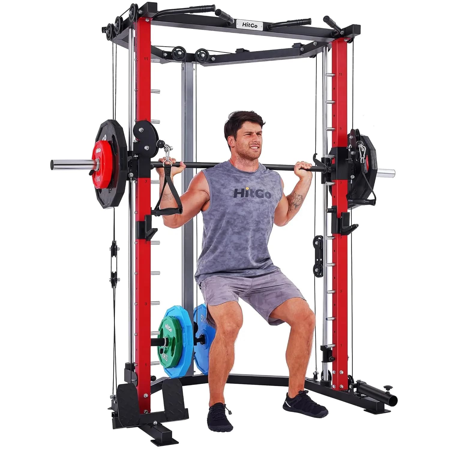 Smith Machine con Sistema a Pulegge, Power Cage All-in-One con Telaio Triangolare, Landmine e Barra per Trazioni, 14-Gauge, Personalizzabile