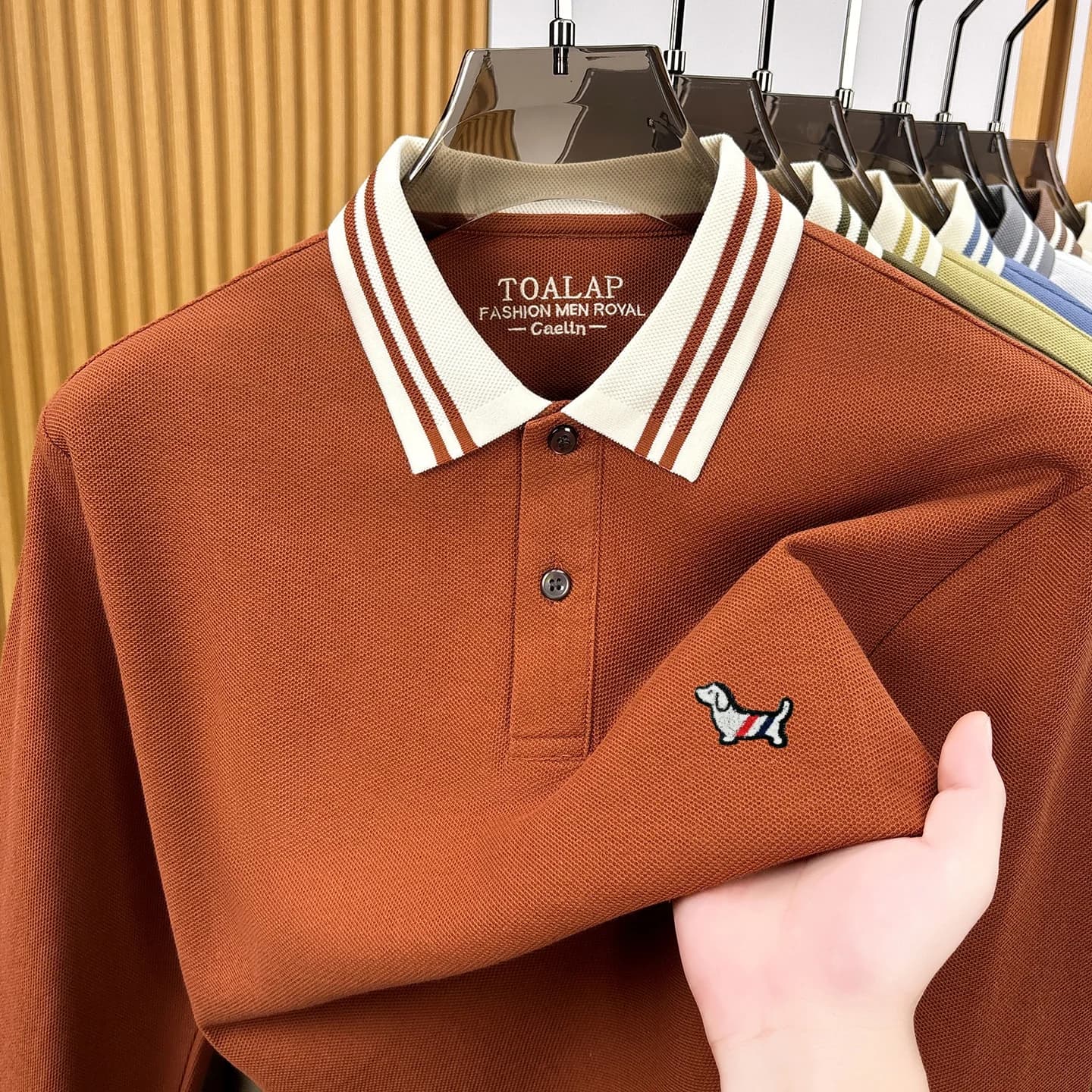 100% Pure Cotton Long Sleeve Polo Shirt Luxury Brand Cartoon Dog Embossed Spring Autumn New Korean Casual Comfort Men's T‑Shirt