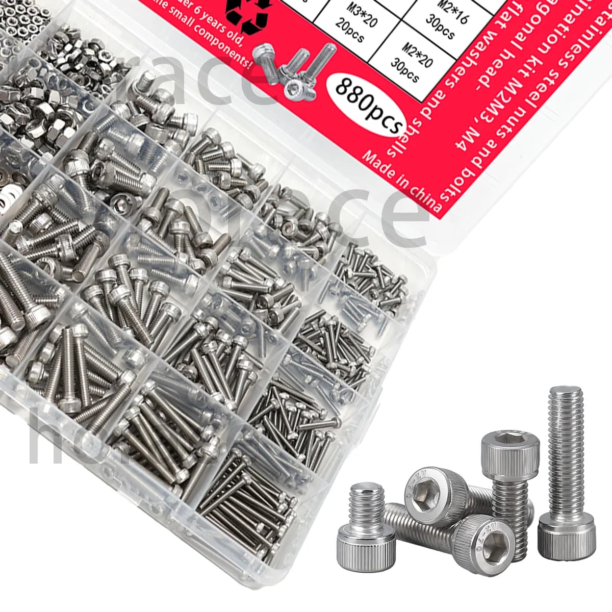 Set dadi e bulloni angolari interni in acciaio inossidabile da 880 pezzi - Teste esagonali M2, M3, M4, M5 - include rondelle piatte