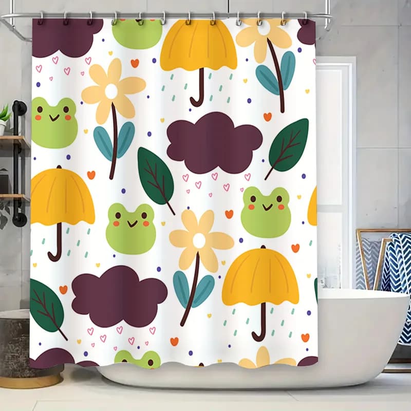 Ombrello luminoso Rana Fiore Tenda da doccia per la decorazione della stanza del bagno Stampa in tessuto impermeabile Fodera decorativa per WC per la casa Bianco Yel