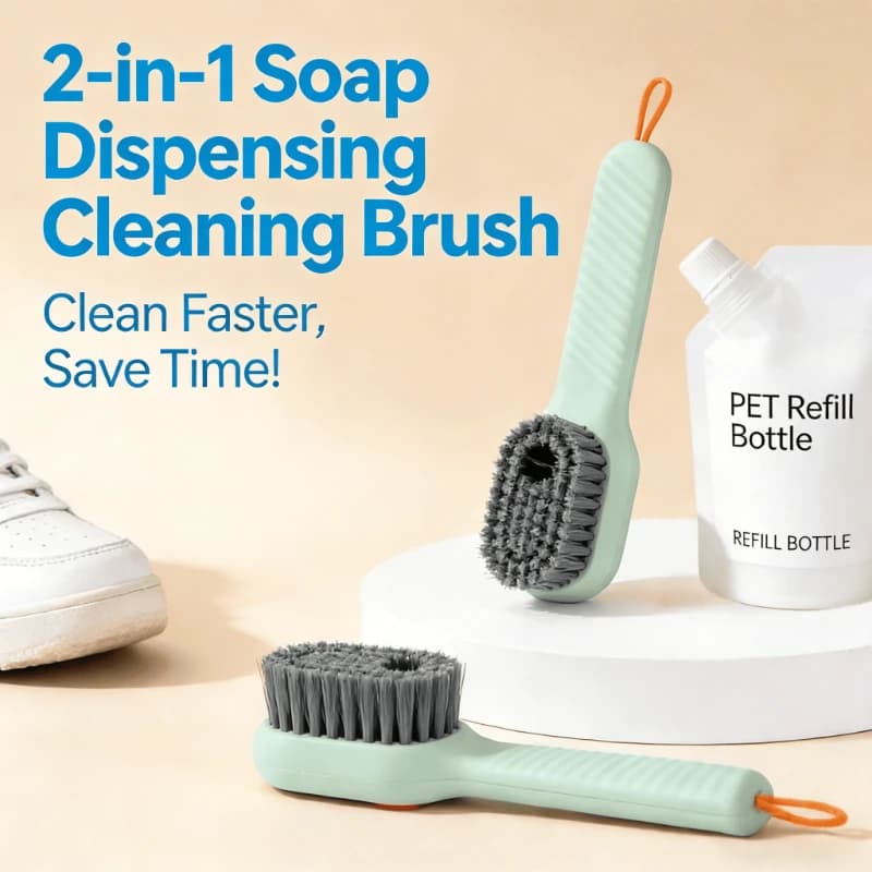 Spazzola Multifunzione per Scarpe con Dispenser di Sapone Integrato, Setole Morbide, Sistema Push, Antigoccia, con Cordino per Appendere