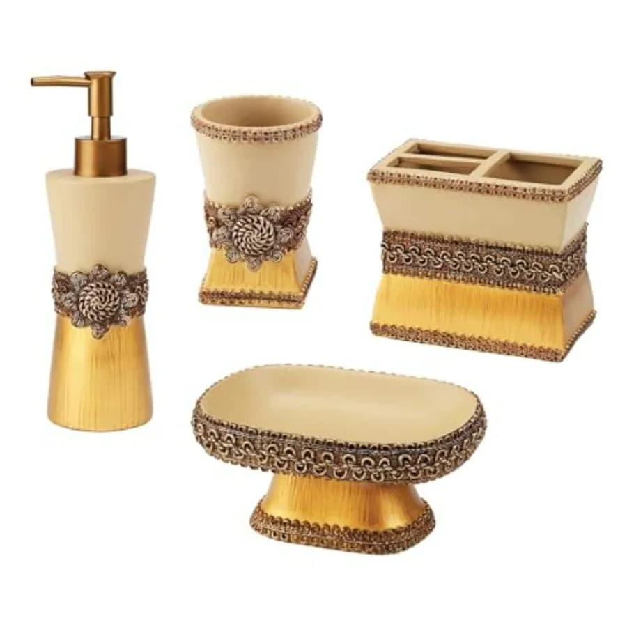 Collezione Medaglione Intrecciato: Set Portaspazzolino, Portasapone e Dispenser Lozione in Resina Dorata, Decorazione Bagno Durevole