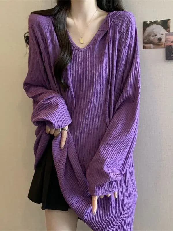 plus Size V-Neck Hoodie Long Sleeve T-Shirt Women's Loose Mid-Length Base Layer Top Casual Style Autumn Season Color