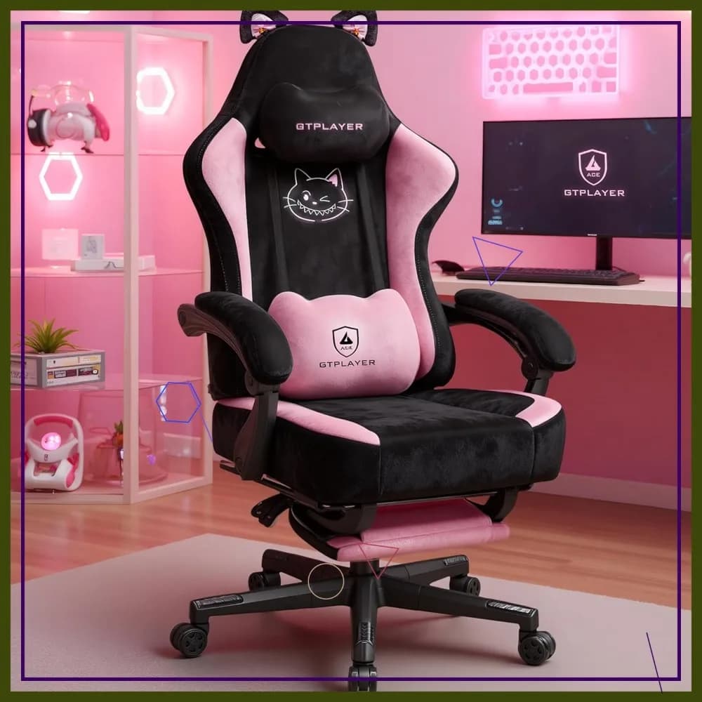 Sedia da Gaming Rosa con Orecchie da Gatto, Design Ergonomico, Supporto Lombare e Poggiatesta Regolabili, Tessuto in Velluto Morbido per il Massimo Comfort