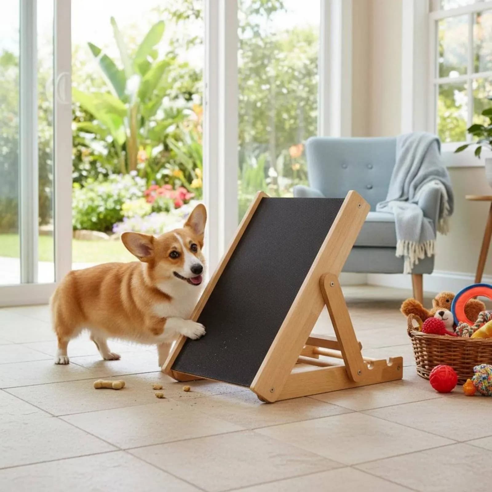 Rampa in Legno per Cani con Telaio Robusto, Tavola per Limatura Unghie, Accessori per Animali Domestici, Inclinazione Regolabile, Design Pieghevole per Cani
