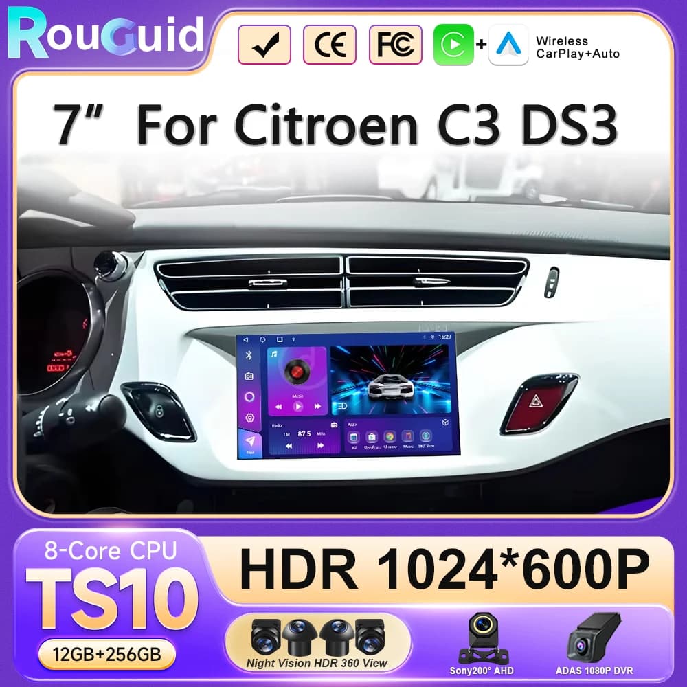 Autoradio Android 16 per Citroen C3 DS3 2011-2016 con CPU ad alte prestazioni, Plug and Play, Touchscreen, Stereo, Navigatore GPS, HDR, Bluetooth