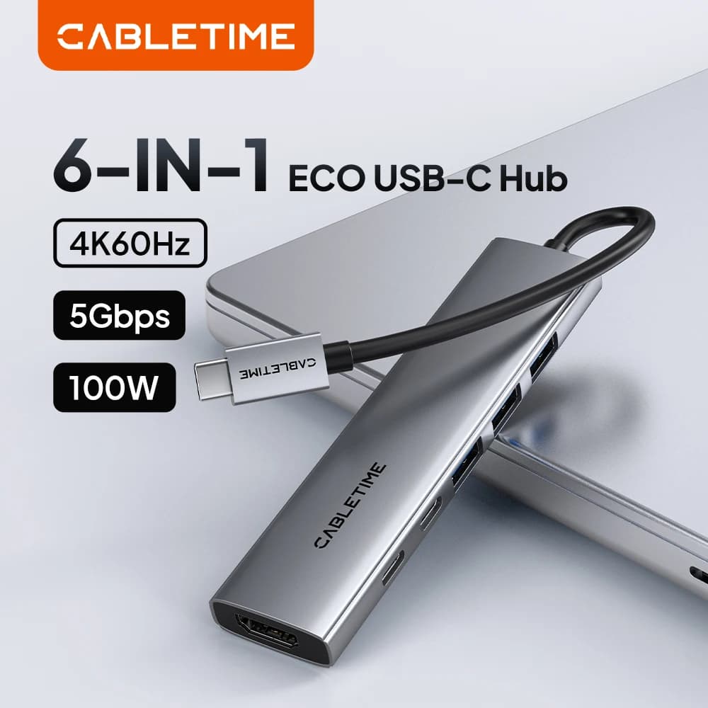 CABLETIME Hub USB C 6 in 1 con Display 4K@30Hz, USB C/A 3.0 5Gbps, Caricatore PD100W per Laptop Macbook Dell Lenovo