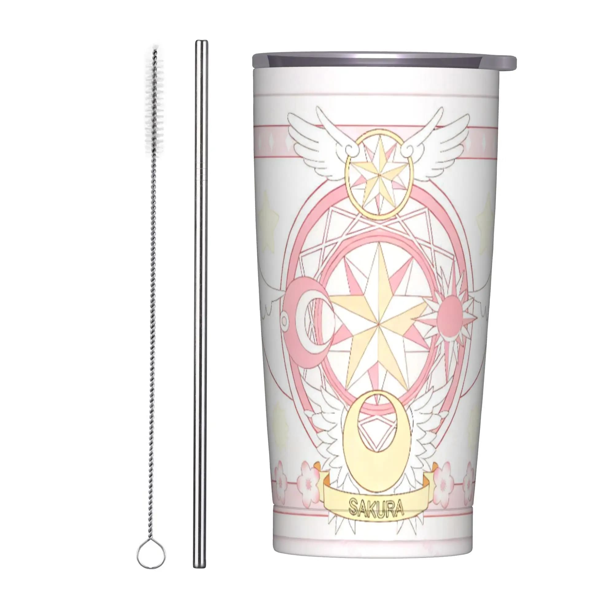 Tazza da Viaggio in Acciaio Inox Sakura Magical Cartoon Anime con Cannuccia e Coperchio 20oz per Auto, per Acqua Calda e Fredda