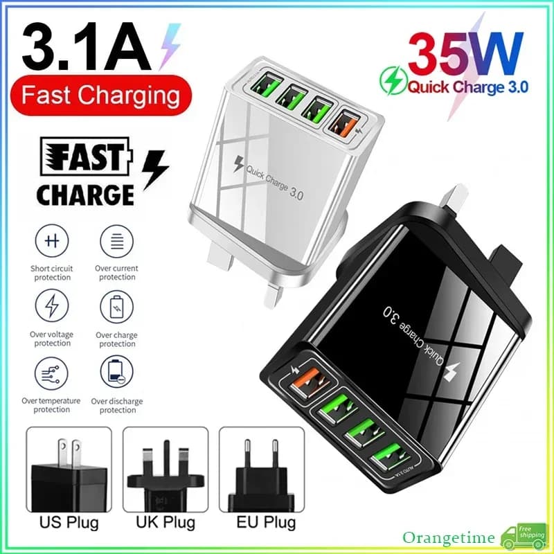 【Nave veloce】4.1A QC 3.0 4 porte USB Testa di ricarica rapida Adattatore per caricabatterie universale UE USA UK Adattatore per telefono da viaggio