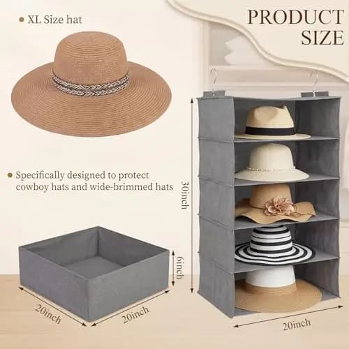 2-Pack Hanging Hat Organizer With 10 Shelves For XL Wide-Brimmed Cowboy Fedora And Sun Hats, 20 Inch Width, Space Saving Closet
