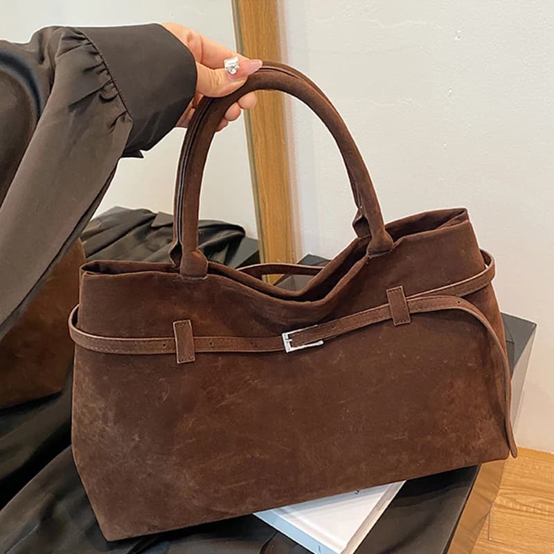 Faux Suede Tote Bags For Women Luxury Designer Handbags Purses New In Vintage Belt Buckle Large Capacity Underarm Shoulder