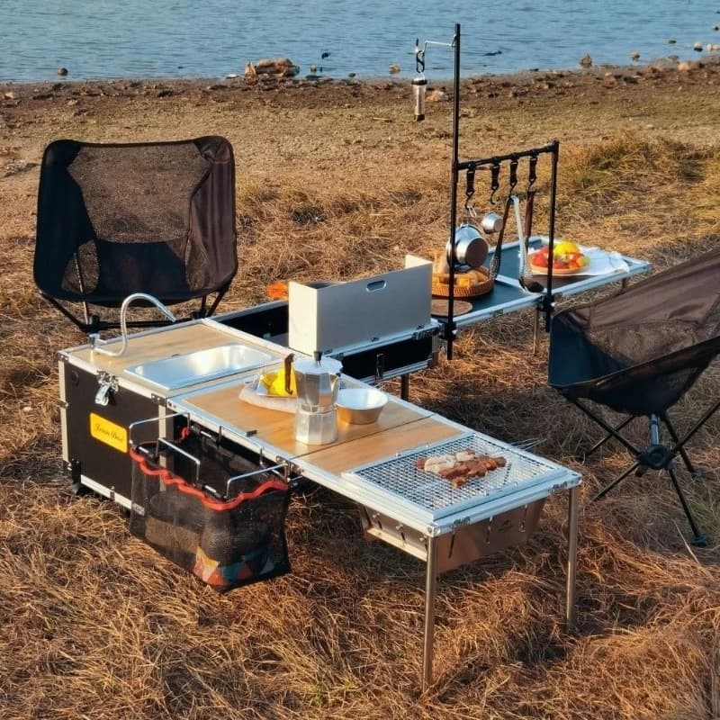 Tavolo pieghevole da esterno con ruote, piccolo mobile da cucina multifunzione, box da campeggio, barbecue, fornello da picnic