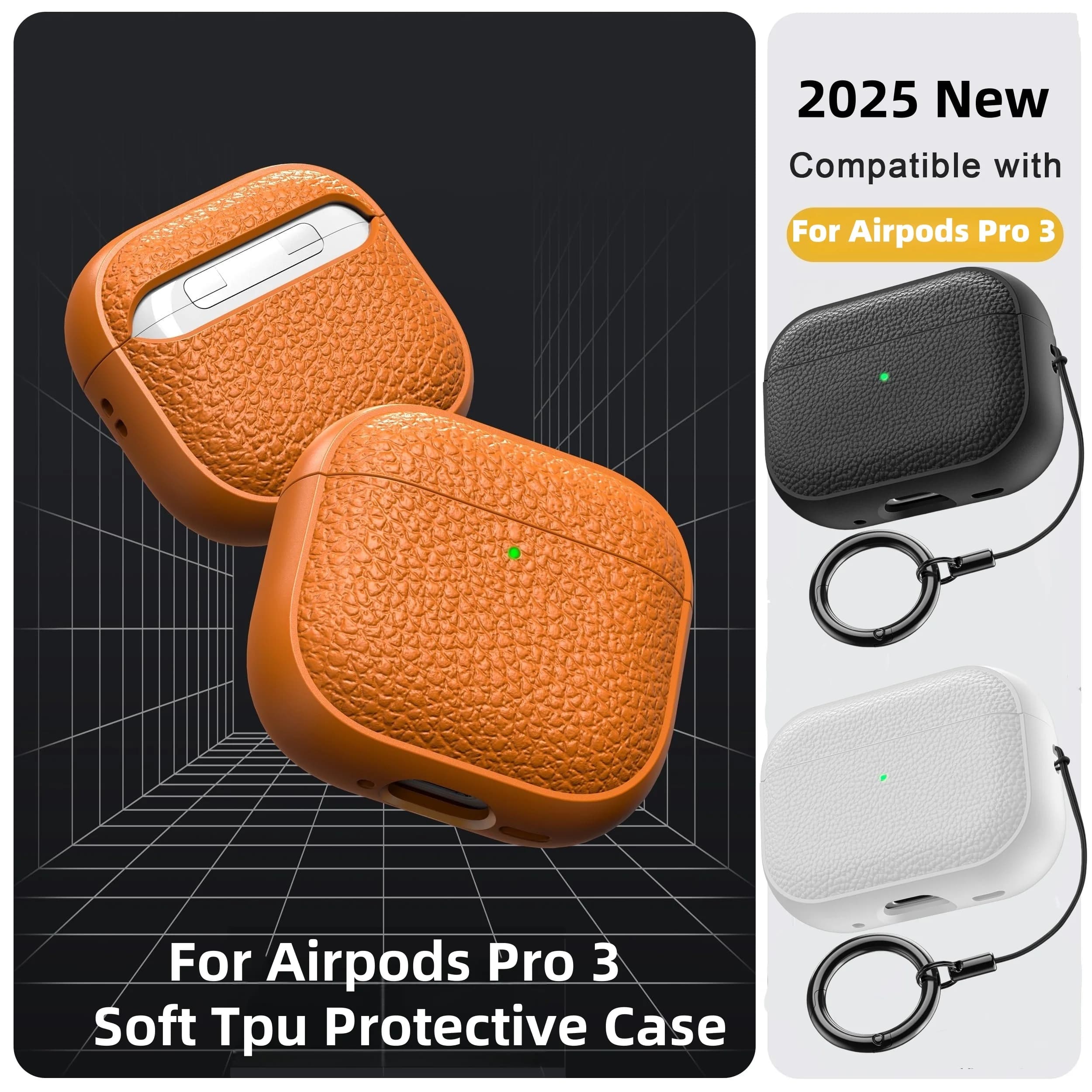 For AirPods Pro 3/Pro 2/Pro/4 Leather Pattern TPU Cases Accessories Skin Full Protective Cover with Keychain for AirPods 4/Pro 3