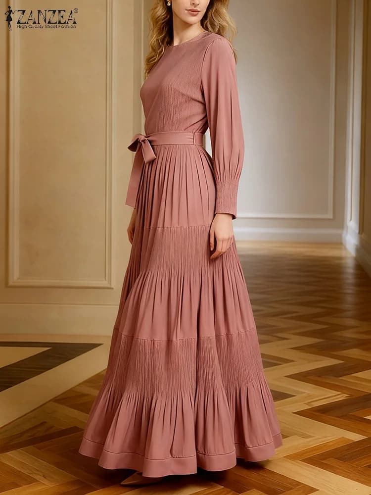 ZANZEA Donne Eleganti Autunno Manica Lunga Vestito Da Partito Elegante Maxi Abiti Lunghi Robe Femme Solido Pieghettato Vestito Estivo Con Cintura Abiti