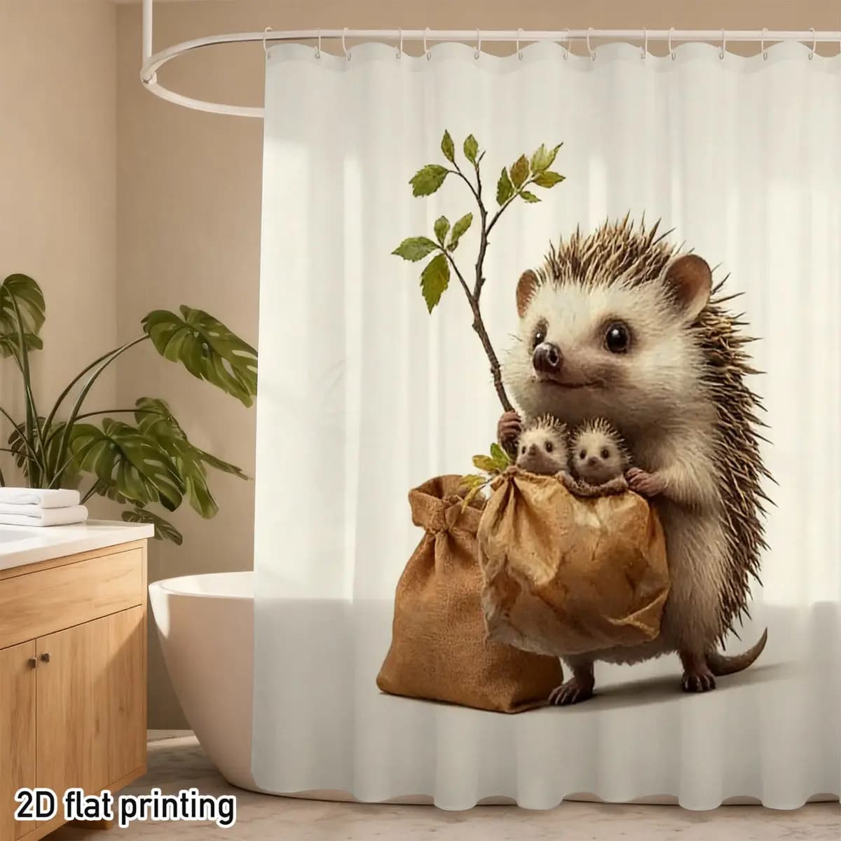 Simpatico riccio con tenda per doccia, stampa realistica di animali, design naturale, poliestere impermeabile, decorazione per il bagno