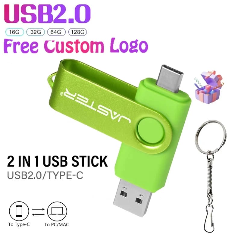 Chiavetta USB ad alta velocità con logo personalizzato gratuito di tipo C 2IN1 360 ° Ruota liberamente Pendrive 128 GB/64 GB/32 GB/16 GB compatibile multiformato