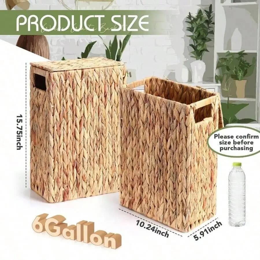 6 Gallon Wicker Waste Basket With Lid Handwoven Trash Can Built-In Handles For Bedroom Bathroom Kitchen Office