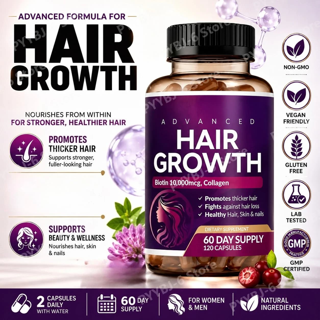 Integratore Avanzato per la Bellezza dei Capelli con Biotina 10000mcg, Collagene e Cheratina, Favorisce Capelli dall'Aspetto Più Folti, Pelle e Unghie, 120 Capsule