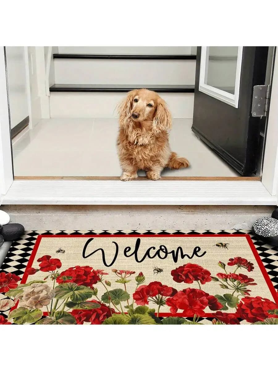 Spring Summer Welcome Mat Non-Slip Geranium Floral Plaid Doormat For Indoor Outdoor Entryway