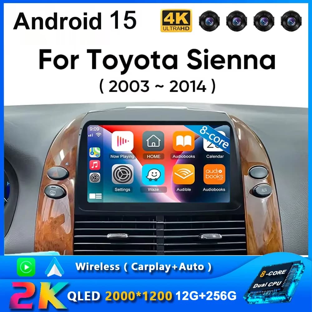 Android 15 Autoradio Per Toyota Sienna 2 2003-2010 Sienna 3 2011-2013 Wireless Carplay Auto Lettore Multimediale WiFi 4G 2 Din