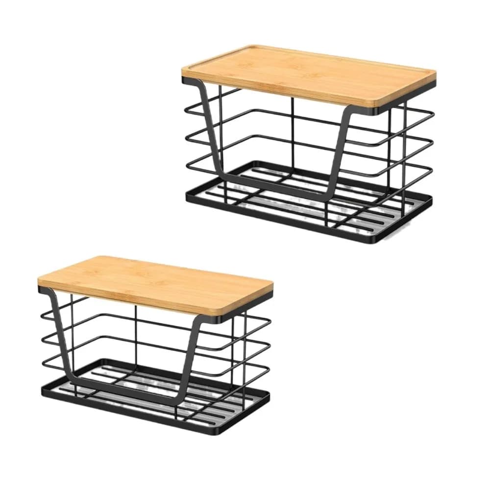 2 Pieces Carbon Steel Trash Bag Holder Space Saving with Bamboo Top Garbage Bag Dispenser Black Laundry Organizers Bathroom
