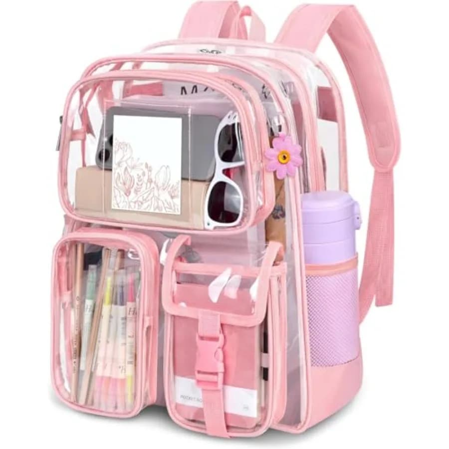 Clear Backpack for School, Heavy Duty PVC Transparent Bookbag with Reinforced Straps Stitches, Clear Bag for Stadium Events Gir