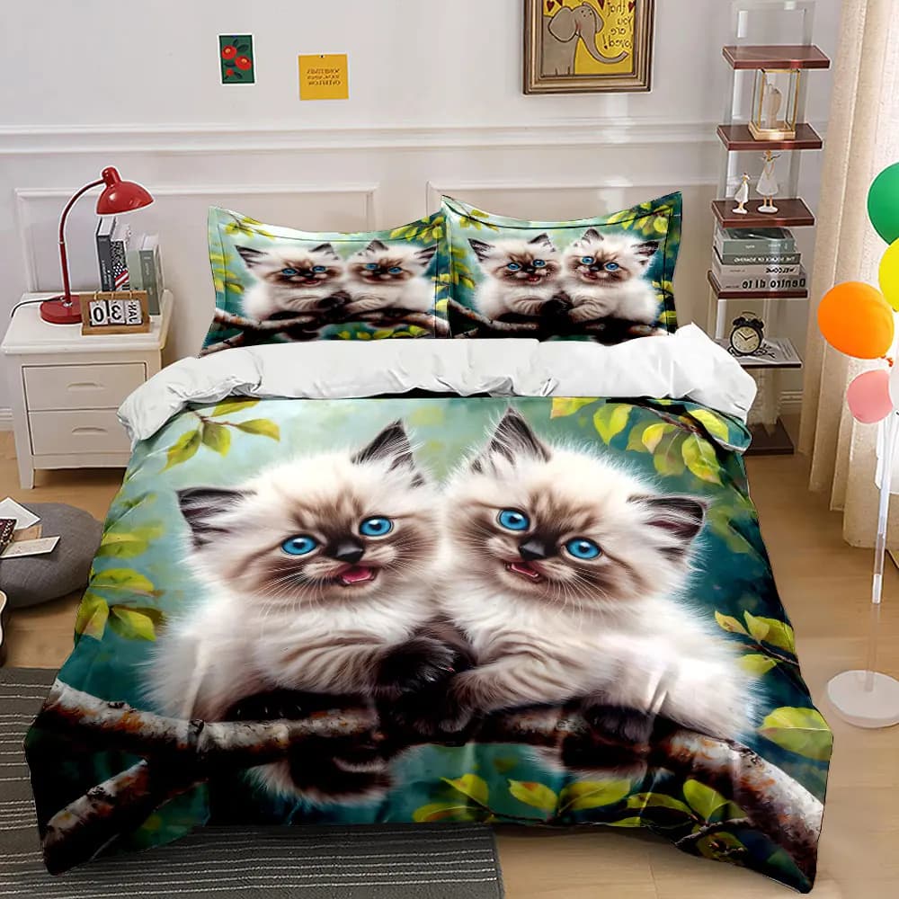 Fluffy kittens with blue eyes on branch Print Bedding Set 1 Duvet Cover 2 Pillowcases for Adult and Children Luxury Gift