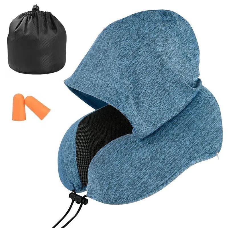Cuscino da viaggio con cappuccio Memory Foam Cuscino con coulisse a forma di U Cuscino per il collo traspirante per voli lunghi in aereo Viaggi su strada