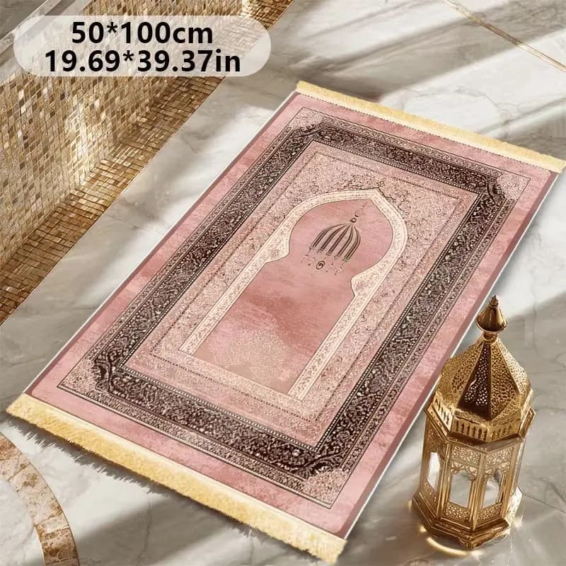 VIKAMA Pink Mosque Arch Sejadah Prayer Mat Golden Fringed Foldable Portable Alfombra Muslim Salat Home Worship Rug