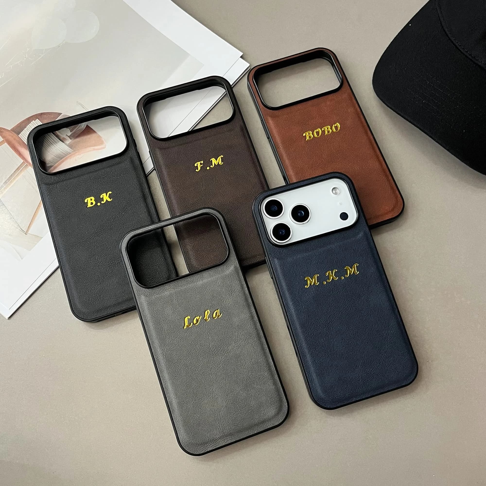 Luxury Custom Name Gold Hot Foil Stamping Phone Case for iPhone 11 12 13 14 15 16 17 Pro Max Plus 17 Air Faux Leather Cover Gift