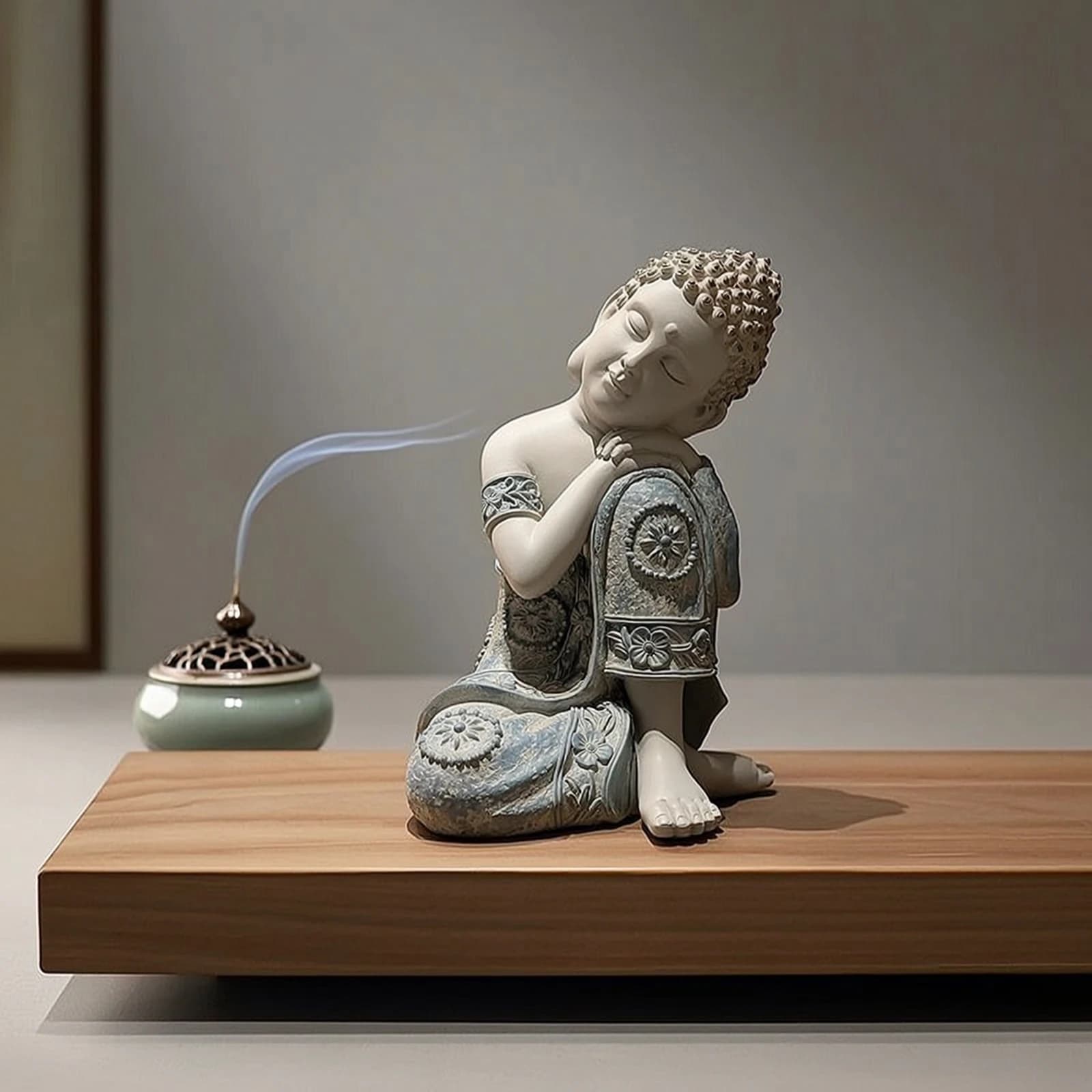 Sleeping Buddha Figurine Relaxing Sleeping Buddha Statue Decor Beige White Textured for Meditation Space, Tea Room