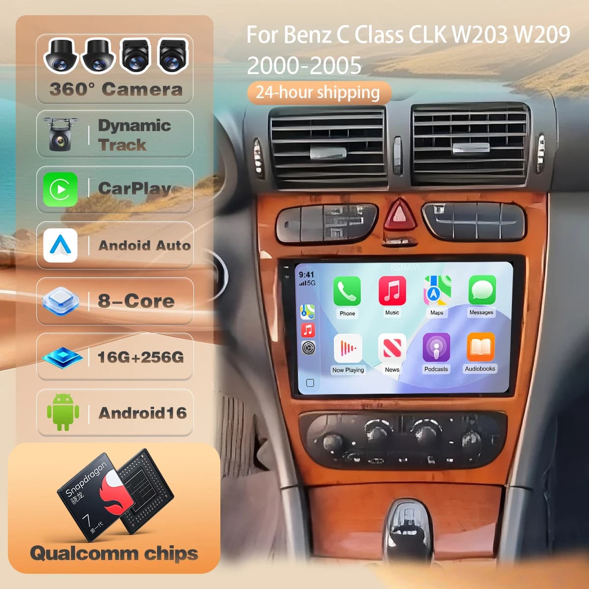 For Benz C-Class W203 C200 C320 C350 2000 - 2005 Carplay Auto Car Radio Multimedia Player GPS DSP app control WIFI+4G Android 16