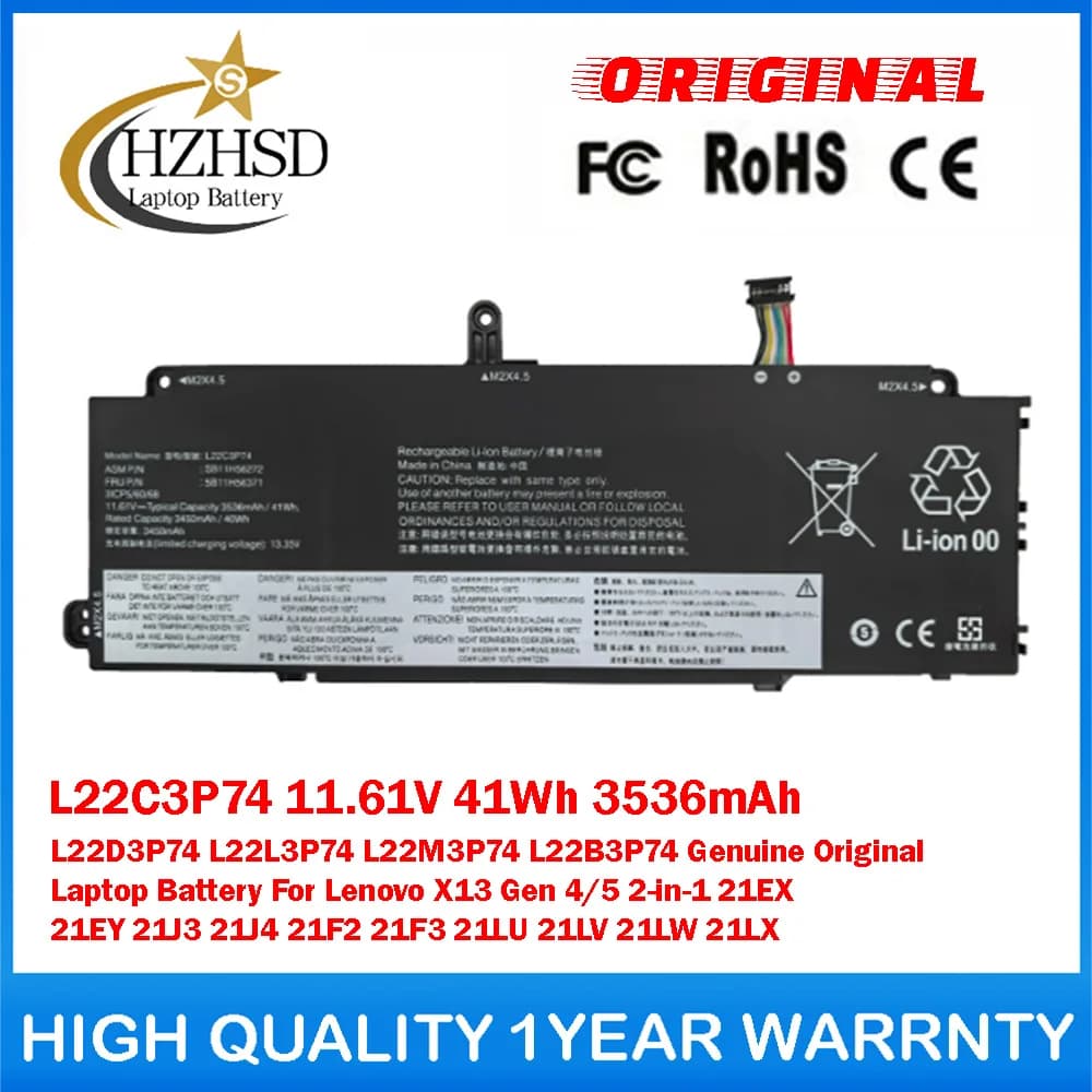 L22C3P74 11.61V 41Wh 3536mAh L22D3P74/L3P74/M3P74/B3P74 Genuine Original Laptop Battery For Lenovo X13 Gen 4/5 2-in-1 21EX 21EY