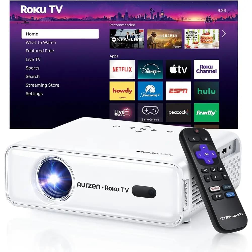 Mini Proiettore Portatile da Esterno 1080P HD con Bluetooth Integrato, Streaming Wi-Fi, Audio Dolby, Correzione Automatica del Trapezio e Zoom, Bianco