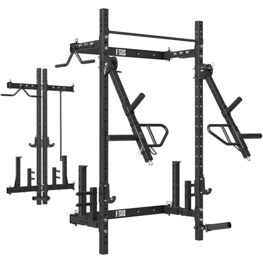 2,36'' x 2,36'' foldable squat rack, wall mounted with adjustable pull-up bar, J hooks, safety arm, dive bar, with Simth system