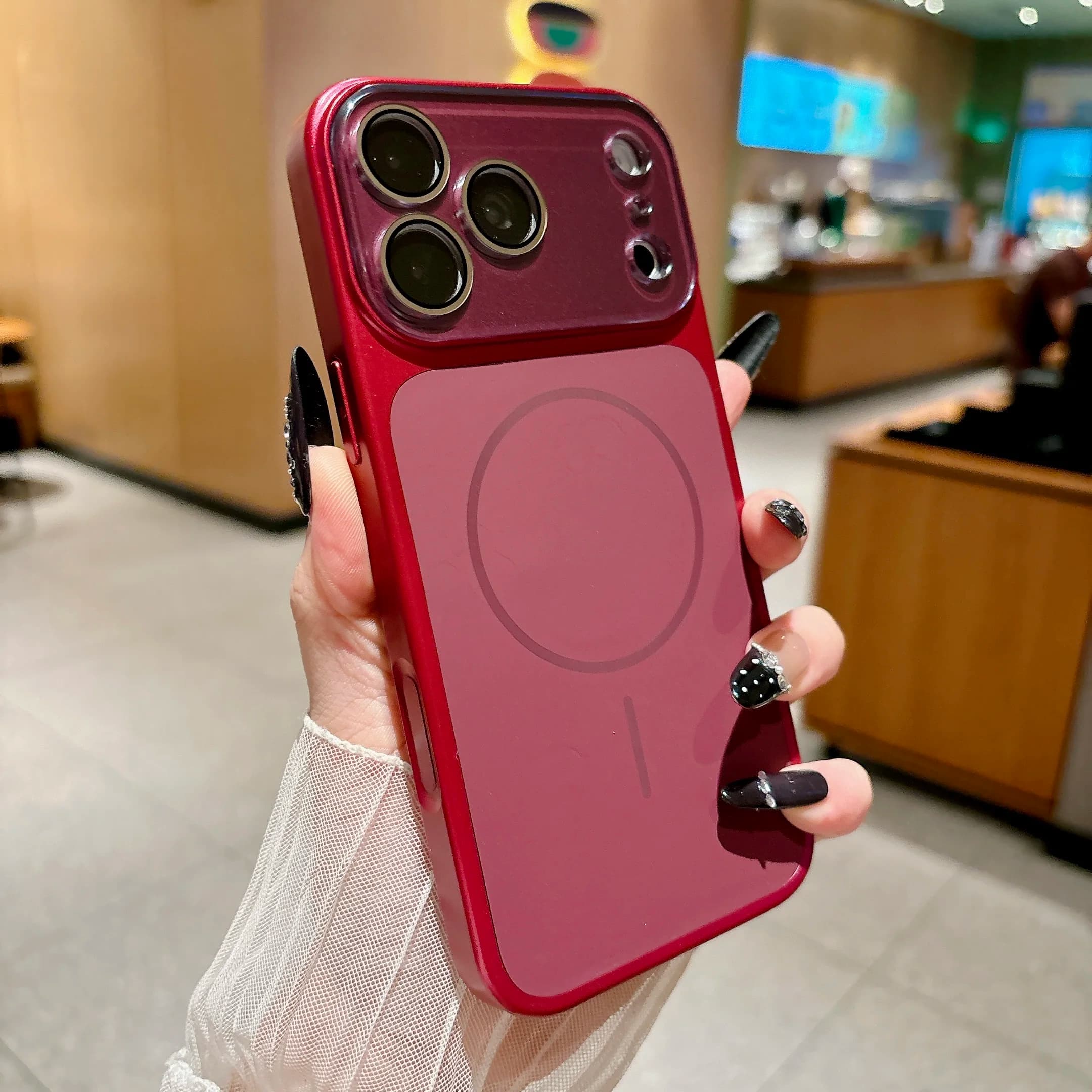 Luxury Magnetic Phone Case For 15 16 17 18 Pro Max PC Frosted Backplane Phone Cover Large Window Glass Lens For Magsafe Shell