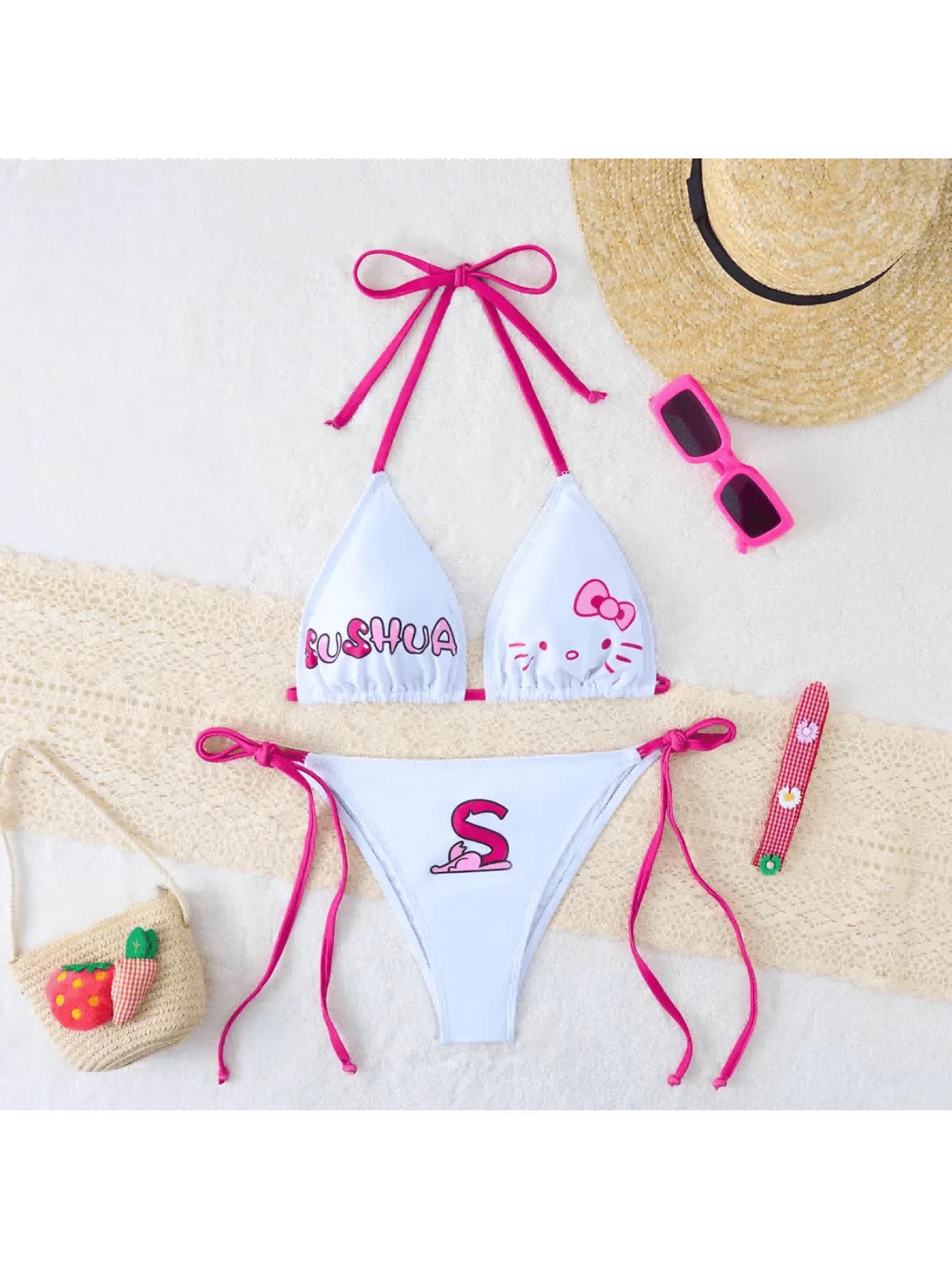 Set bikini Hello Kitty per donna, grazioso bikini a triangolo con stampa cartoon, costume da bagno con laccetti laterali, abbigliamento da spiaggia estivo