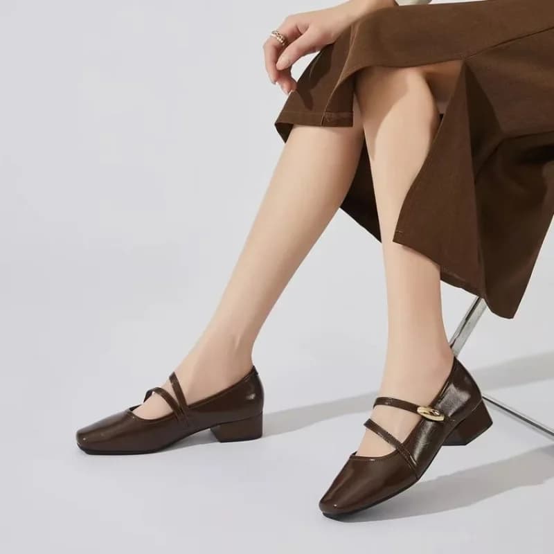 Scarpe con Tacco Mary Jane Stile Francese da Donna, Punta Quadrata, Tacco Largo, Doppio Cinturino con Chiusura a Strappo, per Ufficio e Appuntamenti Primavera-Estate
