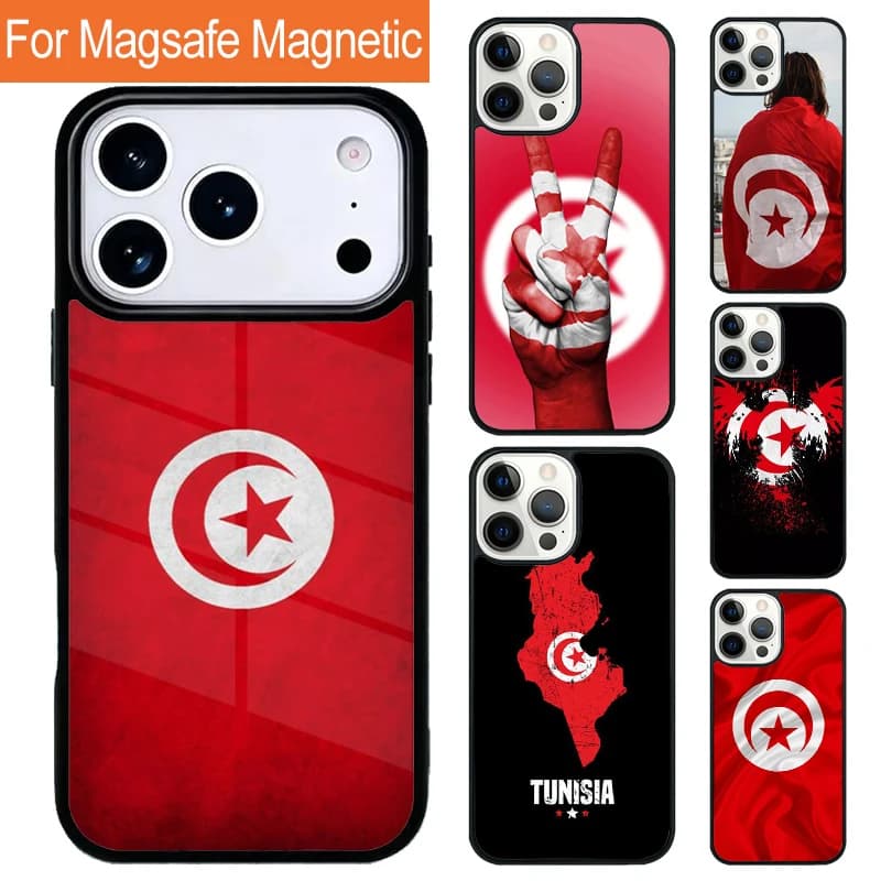 Custodia per telefono con mappa della Tunisia e bandiera, ricarica wireless magnetica per iPhone 17 Pro 16 15 13 12 11 Pro Max Air 14 Plus con cover MagSafe