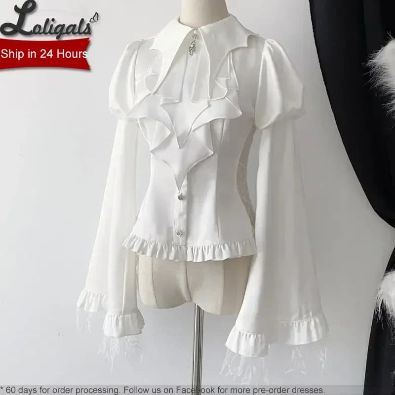 Gothic Lolita Blouse Bat Collar Long Flare Sleeve Women's Shirt w. Jabot Bowtie ~ Spider Web