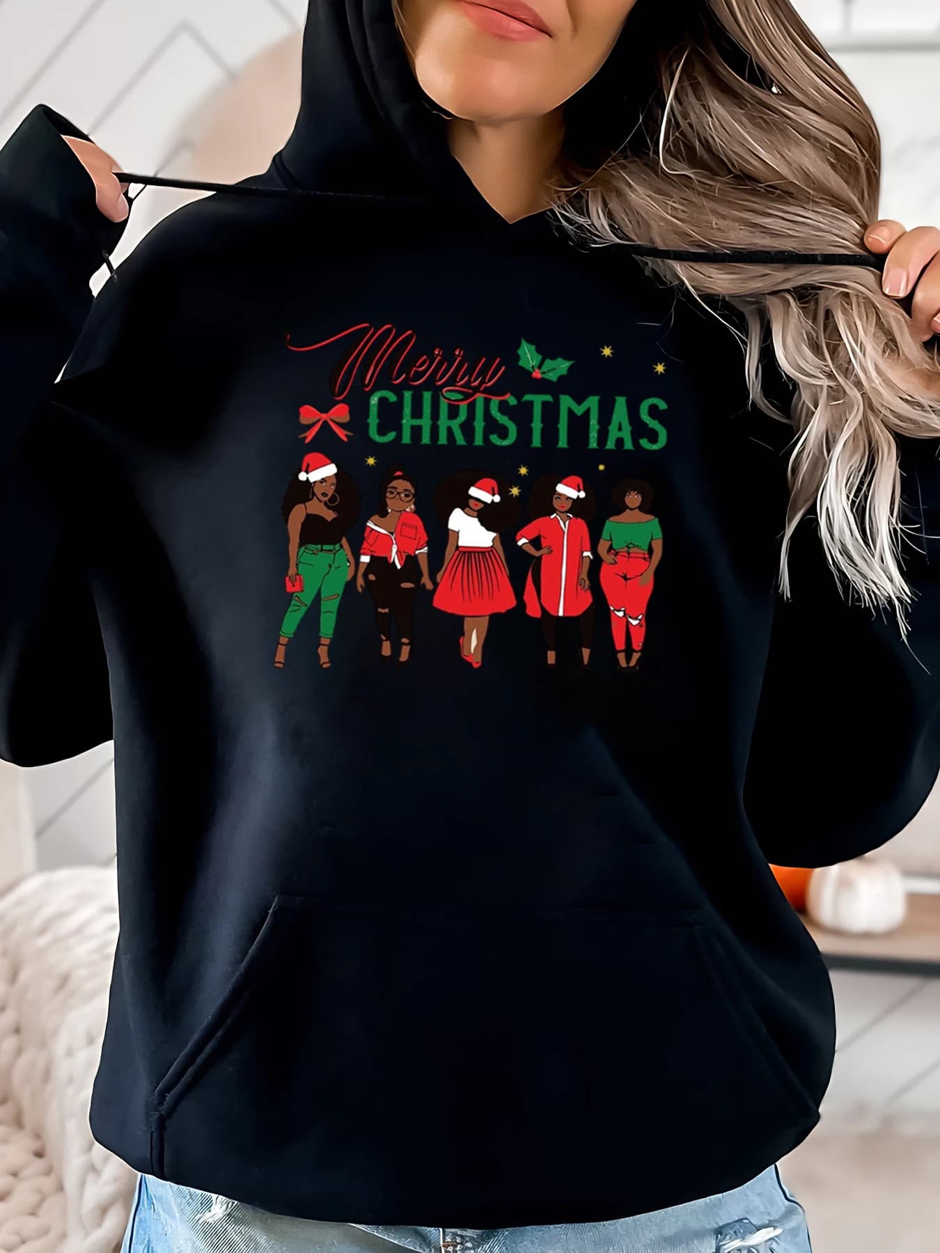 Hoodie with Happy Christmas Group Print, Holiday Gift, Women Casual Clothing, Black Strong Sizes