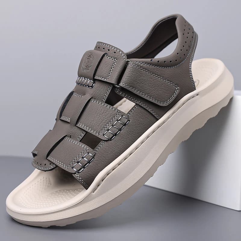 Men's Multi Strap Adjustable Velcro Back Strap Sandals, Hollow Cutout Perforated Rear Panel Open Toe Footwear, Thick Lightweight