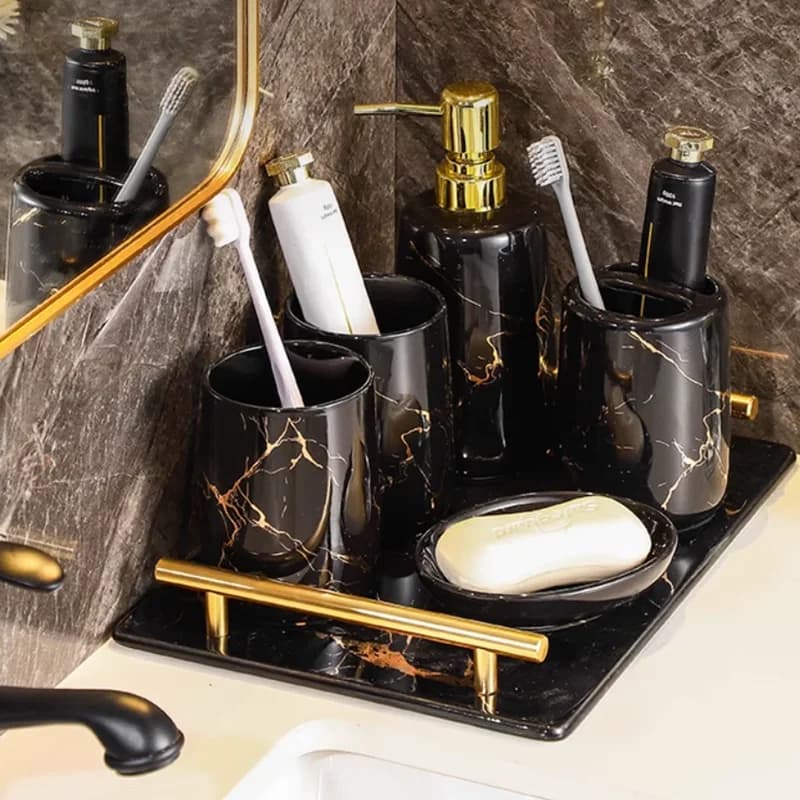 Forniture per il bagno, dispenser di sapone in ceramica con motivo dorato, portaspazzolino, dispenser di dentifricio, vassoio portaoggetti per la casa