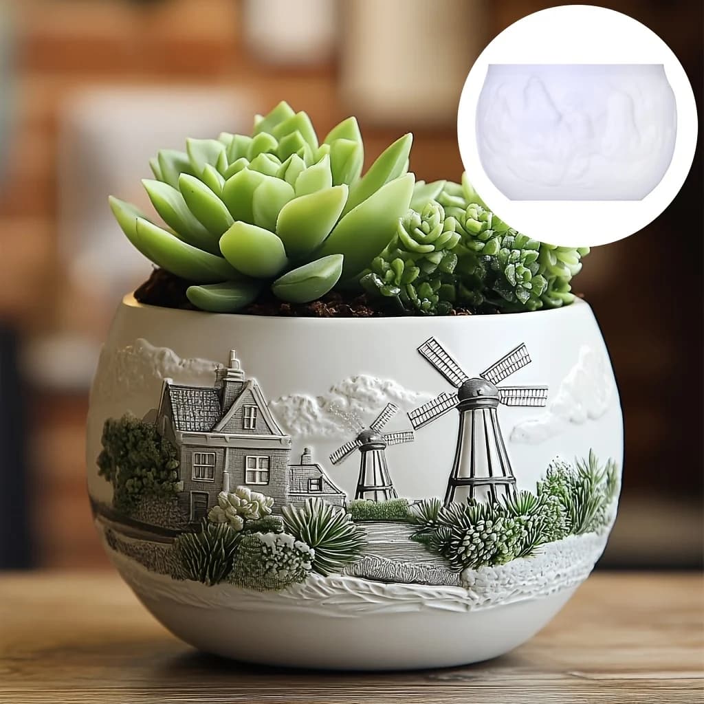 3D Windmill Town Succulent Plant Pot Silicone Mold Flowers Resin Plaster Pot Mould Dream Windmill Beautiful Scenery Relief Molds