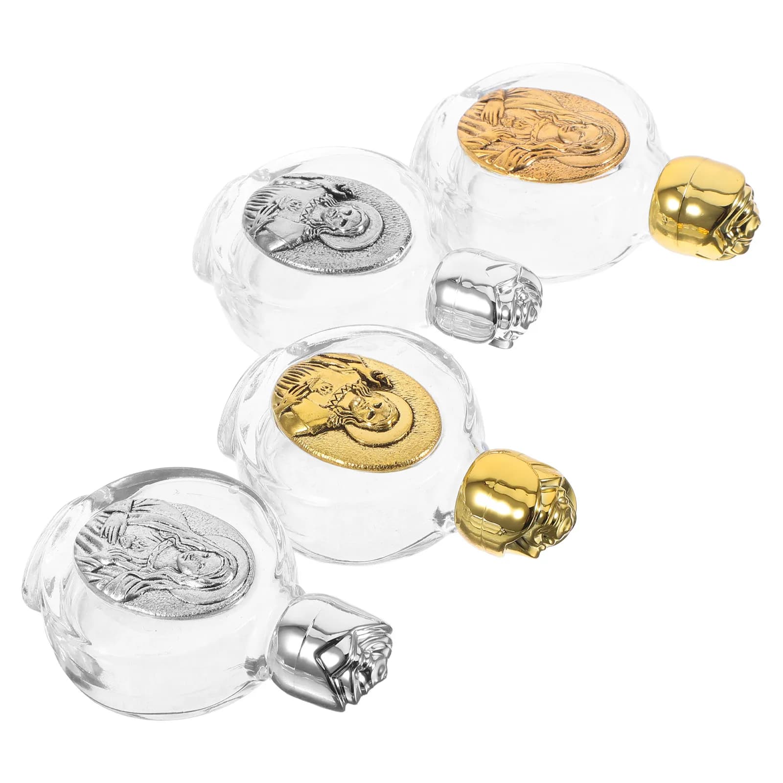 4 Pezzi Mini Bottiglie per Acqua Santa in Vetro Cristallo Rosa con Rilievo in Lega, Accessorio Portatile per la Fede, Bomboniere per Battesimo, Acqua Cristiana