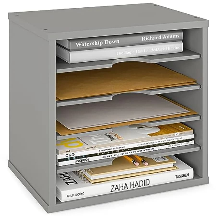 Organizzatore di Documenti a 5 Livelli per Scrivania, Portaoggetti in Legno per Ufficio, Organizzatore di Carta e Cartelle per Scrivania