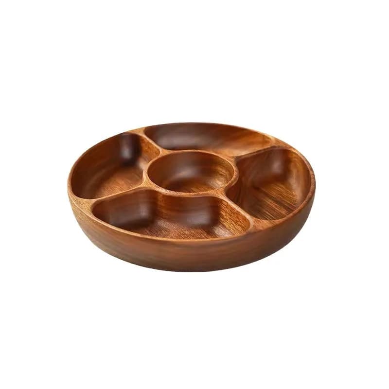 Piatto Rotondo in Noce a Cinque Scomparti, Contenitore per Snack e Frutta Secca, Piatto di Stoccaggio in Legno Massiccio per la Casa