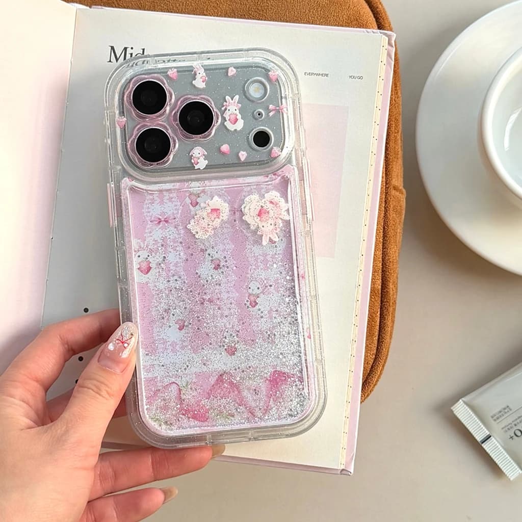 Cover for iPhone 17 16 15 14 Pro Max in Korean style, pink, with animated cardboard, strawberry and rabbit, liquid glitter and mobile sand